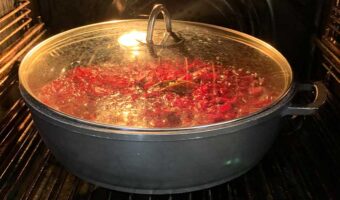 Homemade beetroot relish cooking in the oven